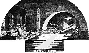 Coulée du métal en fusion dans les canaux ménagés dans le sol, 1859