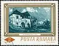 Reproduction sur timbre d'un tableau représentant un paysage et une maison sur la gauche