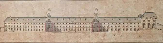 Schéma de coupe de l'école de Saint-Cyr du côté du parterre, XVIIIe siècle, localisation inconnue.