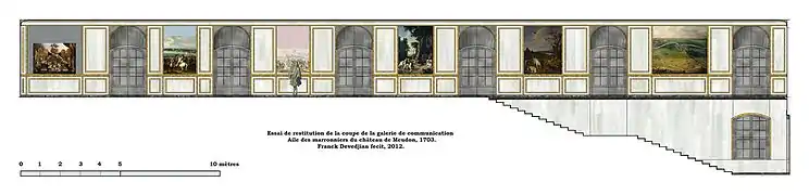 Essai de restitution de la galerie de communication de l'aile des marronniers, état vers 1703. Restitution de Franck Devedjian, 2012.