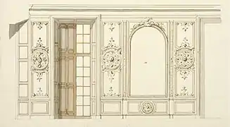 Coupe de la moitié de la galerie de Monseigneur au Château-Neuf de Meudon, état vers 1709. Nationalmuseum de Stockholm.