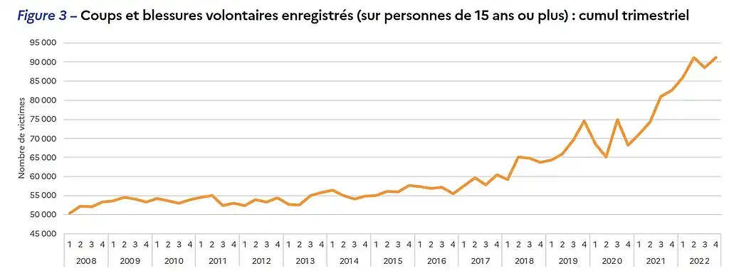 Coups et blessures volontaires enregistrés en France, période 2008-2022