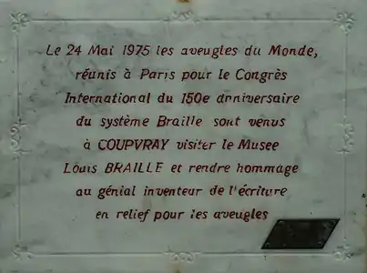 Plaque commémorative du 150e anniversaire du système Braille (1975), Coupvray.