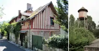 Photomontage en couleurs d'une maison à pans de bois brun-rouge et d'une citerne de même style au sommet d'un bâti métallique.