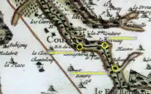 Carte ancienne en couleurs sur laquelle sont reportés les emplacements de moulins.