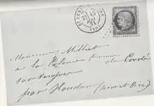 Arrière d'une lettre, portant l'oblitération suivante : "Saint-Denis-sur-Seine (60) 15 mai 1871". Elle est adressée à : "Monsieur Milliet à la Colonie de Condé sur Vesgre."