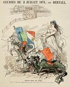 Courses du 2 juillet 1871, par Bertall  Dessin du Grelot du 25 juin 1871, à propos des élections législatives partielles du 2 juillet 1871. Faisant la course avec l'hydre de l'anarchie, le char de la République est attelé au cygne légitimiste, au coq orléaniste, à l'aigle bonapartiste et au cheval de labour des ruraux.