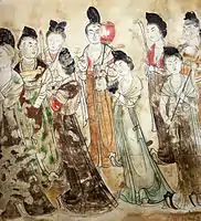 Porteuses d'offrandes. Couloir d'accès à la chambre funéraire de la princesse Yongtai, cortège de dames de la cour. VIIIe siècle Gaozong, cimetière. Qianling, Shaanxi.