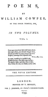 La page indique "Poèmes, par William Cowper, du Inner Temple, Esq. en deux Volumes. Vol. I… Cinquième Édition. Londres: Publié par T. Bensley, Pour J. Johnson, St. Paul's Church-Yard. 1793."