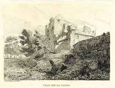 Craig Millar Castle, vue des vestiges du château de Craig Millar, gravure sur chine. 1823, British Museum.