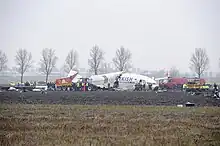 Un fuselage brisé dans un champ, environné par des engins et des sauveteurs.