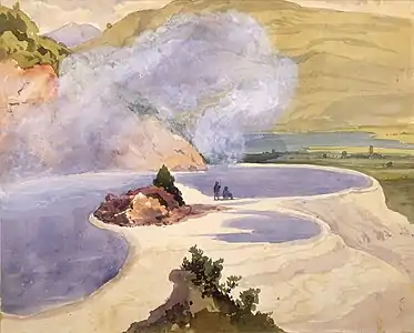 Aquarelle de paysage volcanique.