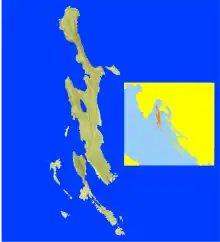 Carte numérique des îles Absartydes sur fond bleu marine. La location des îles dans la Mer Adriatique est indiquée dans un carré en haut à droite.