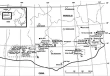 Carte détaillé montrant les divers localités fossiles préservant des dinosaures des formations de Mongolie.