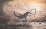Peinture numérique représentant un Cretoxyrhina mantelli faisant une brèche pour attraper un ptéranodon.