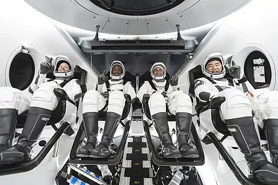 L'équipage du vol SpaceX Crew-1 à l'entrainement (août 2020).