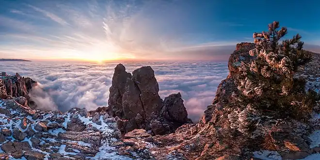 Quelques rochers un peu roses, dentus et saupoudrés de neige, émergent d'une mer de nuage sous un soleil rasant.