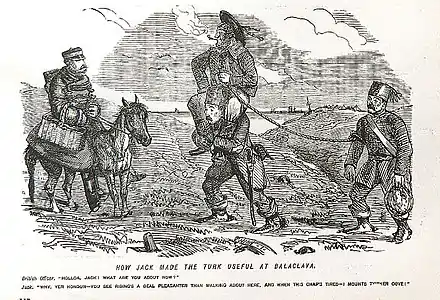 Caricature représentant un officier britannique sur un petit cheval discutant avec un marin sur les épaules d'un soldat ottoman au regard vide. Le marin tient une corde attaché au bras d'un second soldat ottoman tout aussi impassible se trouvant derrière.