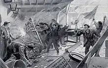 Dessin illustrant la mise à sac d'une conserverie en juillet 1902 à Douarnenez en raison du refus par les ouvriers soudeurs de l'utilisation de machines à sertir (sertisseuses) qui menacent leur emploi (revue L'Illustration du 21 janvier 1903).
