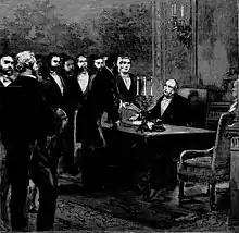 Gravure monochrome représentant un groupe d'hommes assemblés autour d'un bureau où trône Jules Grévy.