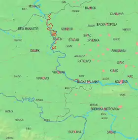 Carte de la frontière croato-serbe (en rouge le tracé revendiqué par la Croatie).