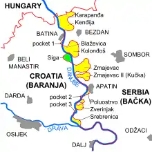 Revendications croates dans les régions de Bačka (en jaune) et renoncements consécutifs en Baranja (terra nullius en vert).