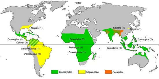 Carte du monde avec colorées de manière différentes les aires de répartition des espèces de Crocodylidae, Gavialidae et Alligatoridae.