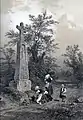 « Croix des Apôtres, menhir sculpté, entre l'Hôpital et Logonna » (dessin d'Eugène Cicéri, publié dans Félix Benoist, La Bretagne contemporaine, tome Finistère, 1867).