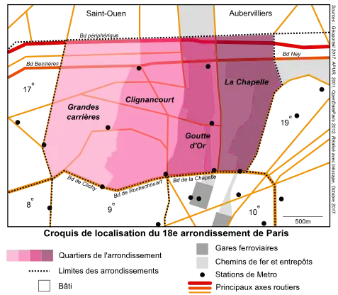 Croquis de localisation du 18e arrondissement de Paris, de ses quartiers et de ses principales infrastructures de transport.