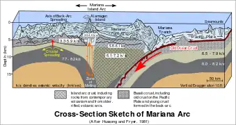 Coupe transversale de la fosse des Mariannes, illustrant les structures principales et les caractéristiques.