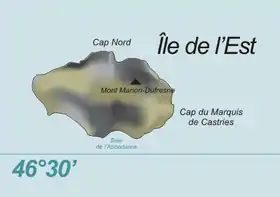 Carte de l'île de l'Est avec l'emplacement du mont Marion-Dufresne.