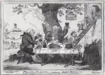 Caricature de George Cruikshank inspirée du Pays de Cocagne, Peace & Plenty or good News for John Bull!, 25 mai 1814.