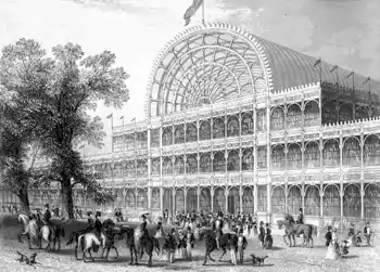 La façade originale du Crystal Palace en 1851 (situé à Hyde Park, Londres), construit pour l'Exposition universelle qui se tenait cette année-là en Angleterre.