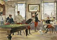 Peinture représentant une salle de réunion où des militaires jouent au billard, ou avec un chien ou lisent le journal.