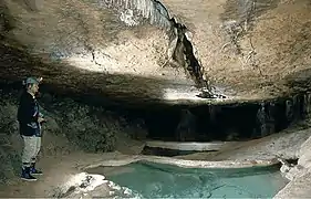 Le toit de la grotte du Cul de Bœuf (Méailles, Alpes-de-Haute-Provence, France) est constitué de conglomérats, alors que son sol marneux est recouvert de calcite de gours.
