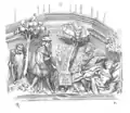 Bas-relief de la “chambre du trésor” : Tristan et Iseut à la fontaine, épiés par le roi Marc.