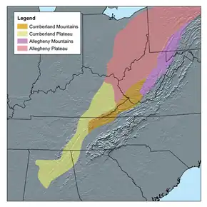 Carte de localisation des montagnes Cumberland (en marron).