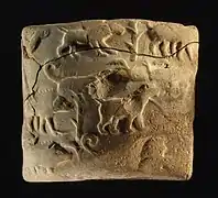 Tablette administrative portant l'impression d'un sceau-cylindre représentant une scène de chasse. Metropolitan Museum of Art.
