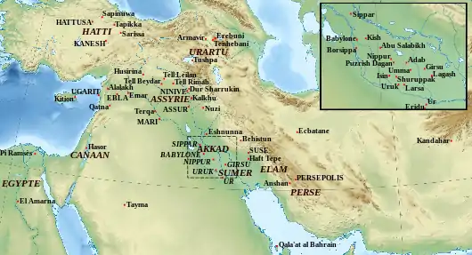 Carte montrant les principaux sites de cunéiformes, répartis largement sur le Proche-Orient mains surtout concentrés en Assyrie et en Sumer-Akkad