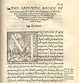 Composition typographique du XVIe siècle, comprenant deux feuilles aldines et la lettrine « M ». Le début du texte est composé en cul-de-lampe.