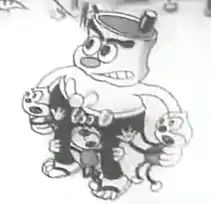 Une tasse anthropomorphique tient dans ses bras trois autres petits personnages apeurés.