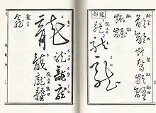 Huit variations du caractère 龍 (« dragon ») en cursive, tirées du livre Compilation des caractères cursifs, de Shi Liang (dynastie Qing). Les nombres ont été ajoutés par nous. Les artistes : 1. Sun Guoting ; 2-3. Huai Su ; 4. Yan Zhenqing ; 5. Zhao Mengfu ; 6-7. Zhu Zhishan ; 8. un anonyme.