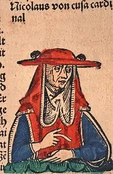 dessin en couleurs extrait d'une miniature représentant un personnage coiffé d’un chapeau rouge vif.