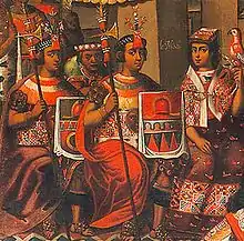 École de Cuzco, Le mariage du capitaine Martin de Loyola avec Beatriz Ñusta, détail (c. 1675–1690, église jésuite de Cuzco, au Pérou).