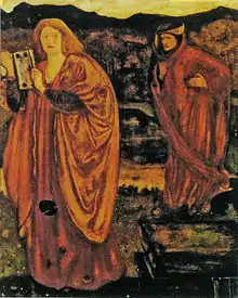 Deux personnages moyenâgeux sur une peinture dans des tons ocres