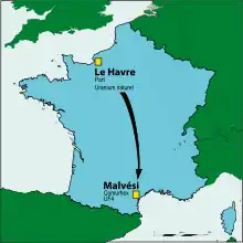 L'uranium en provenance des mines étrangères arrive dans le port du Havre puis est transféré à l'usine Comurhex de Malvési pour conversion en UF4.