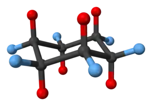 4: Demi-molécule de décaline = cyclohexane en conformation chaise. Les atomes en position axiale sont indiqués en rouge, ceux en position équatoriale en bleu.