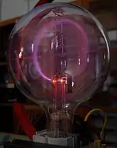 Une ampoule à vide en verre, avec un faisceau circulaire brillant à l'intérieur