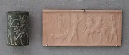 Sceau-cylindre d'un serviteur de Bin-kali-sharri, fils de Naram-Sîn, et impression mettant en scène deux héros affrontant des taureaux. British Museum.