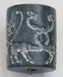 Sceau cylindrique en jaspe : lions et aigles à tête de lion, Période d'Uruk, (4100–3000 av. J.-C.), Musée du Louvre, Paris.